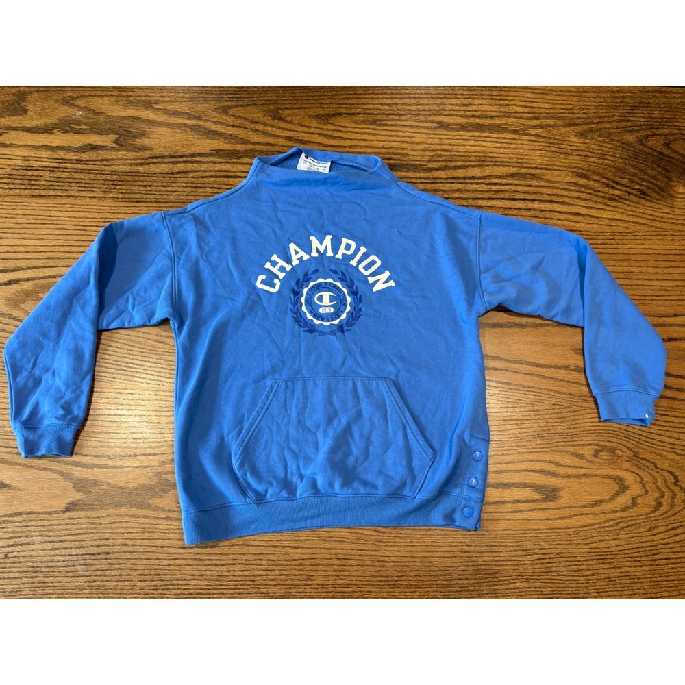 Champion Blue Funnel Neck Sweatshirt Graphic Crest Side Snaps W4660G Small